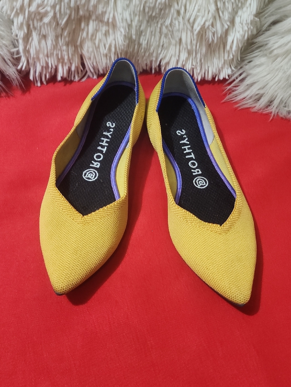 Rothy's Yellow Pointed-Toe Slip-On Flats with Blue Trim